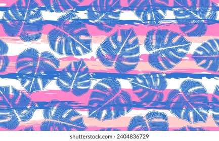 Ceriman tropical foliage floral seamless ornament over stripes background. Grunge fabric sample summer design. Rainforest philodendron leaves. Exotic background.