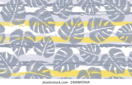 Ceriman tropical leaves botanical repeat pattern over stripes background. Trendy fabric sample vector design. Rainforest ceriman foliage. Paradise backdrop.