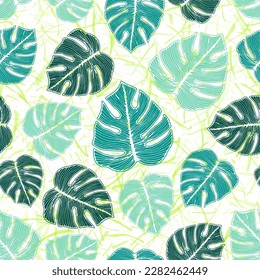 Ceriman tropical leaves floral repeat rapport over noisy background. Simple textile sample graphic design. Hawaiian monstera foliage. Tropical wrapping paper.