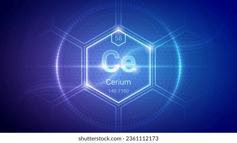 Cerium (Ce) (058) Lanthanide - Fundamental Element Futuristic Neon Light Glow Hexagon Block Grid Background Design - Periodic Table, Chemical Symbol, Name, Atomic Mass, Atomic Number