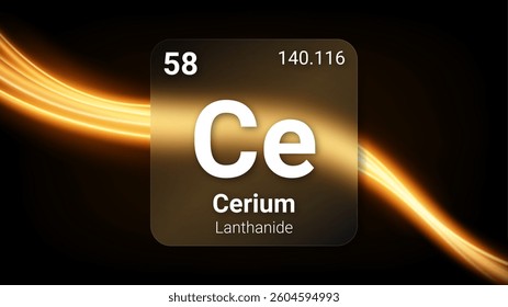 Cerium (Ce) (058) Lanthanide, Glass Morphism Element Futuristic Neon Light Glow Background Periodic Table, Chemical Symbol, Name, Atomic Mass, Atomic Number, Vector Illustration
