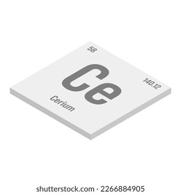 Ilustración isométrica Cerium, Ce, gris 3D del elemento de tabla periódica con nombre, símbolo, número atómico y peso. Metales de tierra raras con diversos usos industriales, como en los convertidores catalíticos