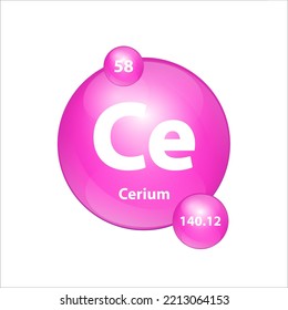 Cerium (Ce) estructura de iconos elemento químico forma redonda círculo Pink. Vector de ilustración 3D. Elemento químico de la tabla periódica Signo con número atómico. Estudio en ciencia para la educación. 