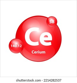 Cerium (Ce) icon structure chemical element round shape circle red easily.  Chemical element of periodic table Sign with atomic number. Study in science for education. 3D Illustration vector.