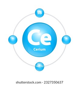 Cerium (Ce) Icon structure chemical element round shape circle light blue with surround ring. Period number shows of energy levels of electron. Study science for education. 3D Illustration vector.