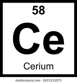 Quadro periódico de elementos Cerium (Ce). Ícone com número atômico 58. Elemento de terras raras da série de lantanídeos utilizado como catalisador industrial.