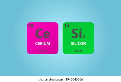 Cerium Disilicide CeSi2 molecule. Simple molecular formula consisting of Cerium, Silicon,  elements. Chemical compound simplified structure on blue background, for chemistry education
