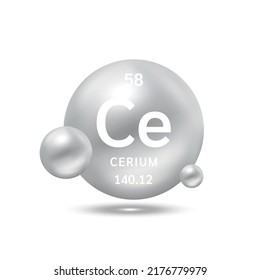 Cerium molecule models silver and chemical formulas scientific element. Natural gas. Ecology and biochemistry concept. Isolated spheres on white background. 3D Vector Illustration.