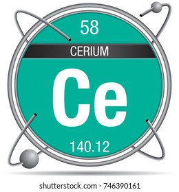 Cerium symbol inside a metal ring with colored background and spheres orbiting around. Element number 58 of the Periodic Table of the Elements - Chemistry