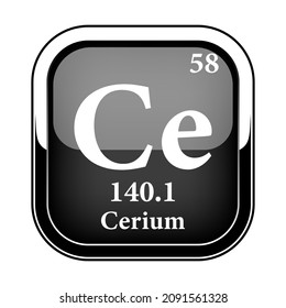 Cerium symbol.Chemical element of the periodic table on a glossy black background in a silver frame.Vector illustration.