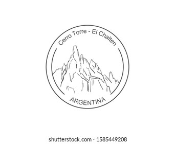 Cerro Torre mountain in Patagonia, Round stamp logo sticker template. Hand drawn vector sketch