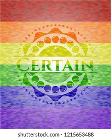 Certain emblem on mosaic background with the colors of the LGBT flag