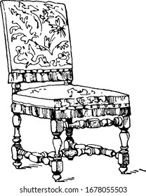 Certain number of Renascence chairs had seats in the form of regular or semi-regular polygons, carved with designs and a spindle across the legs, vintage line drawing or engraving illustration.