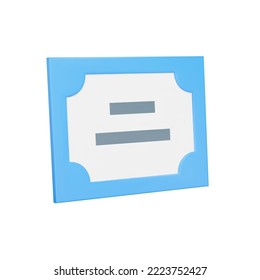 Certificate 3d icon. Letter of commendation. Document in a frame. Isolated object on transparent background