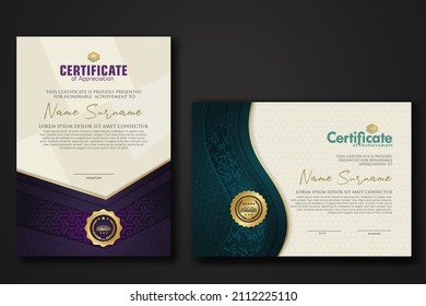 Certificate of achievement and appreciation border template with luxury badge and textured modern floral pattern. For award, business, and education needs. vector illustration