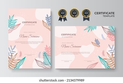 Certificate of achievement and appreciation border template with gold badge and textured modern floral pattern. For award, business, and education needs. Vector illustration