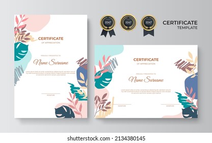 Certificate of achievement and appreciation border template with gold badge and textured modern floral pattern. For award, business, and education needs. Vector illustration, boho style