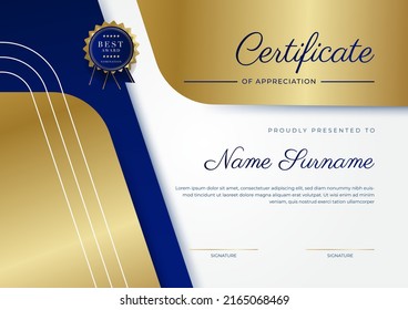 Plantilla de borde de certificado de logro y apreciación con placa dorada y decoración geométrica moderna texturizada. Demanda por premios, negocios y necesidades educativas. Ilustración del vector
