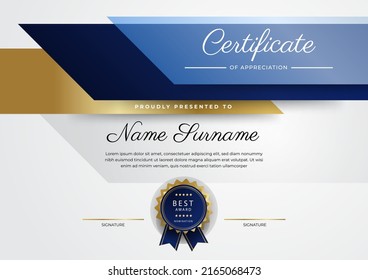 Certificate of achievement and appreciation border template with gold badge and textured modern geometrics decoration. Suit for award, business, and education needs. Vector illustration
