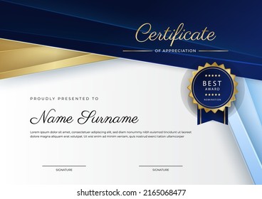 Certificate of achievement and appreciation border template with gold badge and textured modern geometrics decoration. Suit for award, business, and education needs. Vector illustration