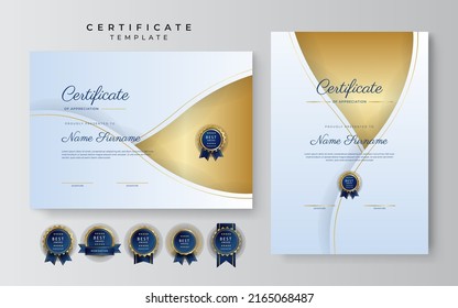 Zertifikat der Leistung und Wertschätzung Grenzvorlage mit goldenem Abzeichen und strukturierte moderne geometrische Dekoration. Eignet sich für Belohnungs-, Geschäfts- und Bildungsbedürfnisse. Vektorgrafik