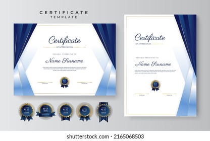 Certificate of achievement and appreciation border template with gold badge and textured modern geometrics decoration. Suit for award, business, and education needs. Vector illustration