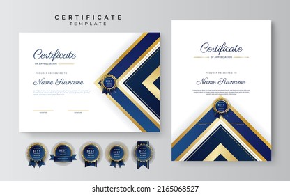 Certificate of achievement and appreciation border template with gold badge and textured modern geometrics decoration. Suit for award, business, and education needs. Vector illustration