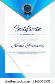 Certificate of achievement and appreciation border template with gold badge and textured modern geometrics decoration. Suit for award, business, and education needs. Vector illustration