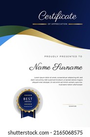 Certificate of achievement and appreciation border template with gold badge and textured modern geometrics decoration. Suit for award, business, and education needs. Vector illustration