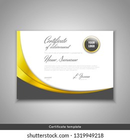 Certificate of achievement - appreciation, completion, graduation, diploma or award with gold waves background. Template design. Stock vector