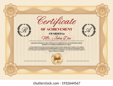 Certificate of achievement and appreciation diploma vector template with premium award gold seal. Graduation diploma or first place winner award with frame border and background of guilloche pattern