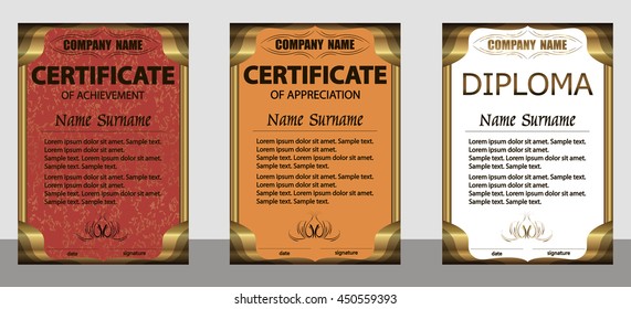 Certificate of achievement, appreciation, diploma vertical template. Set red, orange, white. Gold frame. Winning the competition. Reward. Award winner. Vector illustration.