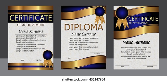 Certificate of achievement, appreciation, diploma vertical template. Set blue and gold. Reward. Award winner. Winning the competition. The text on separate layer. Vector illustration.