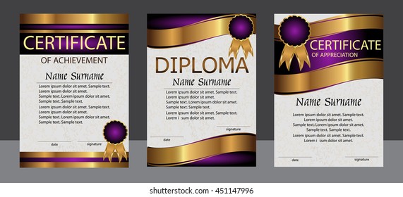 Certificate of achievement, appreciation, diploma vertical template. Set purple and gold. Reward. Award winner. Winning the competition. The text on separate layer. Vector illustration.