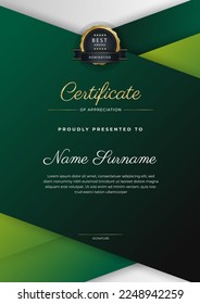 Certificate of achievement and appreciation template with gold badge and textured modern green geometric background pattern. For award, business, and education needs. Vector illustration