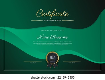 Certificate of achievement and appreciation template with gold badge and textured modern wavy geometric shapes pattern. For award, business, and education needs. Vector illustration