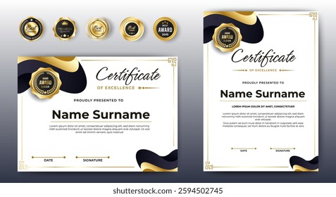Certificate of achievement award template design. Black and gold shape. A4 size Horizontal and Vertical certificate with Badges. vector