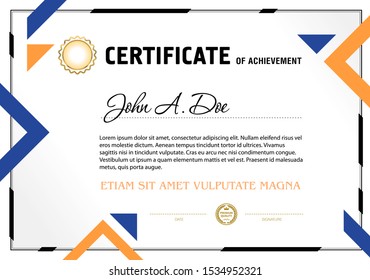 Certificate of achievement blank template. Design with orange, blue triangle elements around.