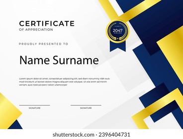 Certificate of achievement blue template design with gold badge and border for business, award, honor and school