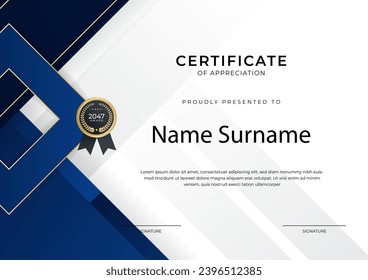 Certificate of achievement blue template design with gold badge and border for business, award, honor and school