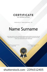 Diseño de plantillas azules de certificado de logro con placa dorada y borde para negocios, premios, honor y escuela