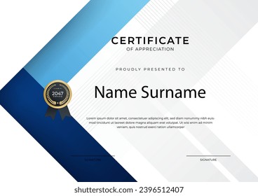 Certificate of achievement blue template design with gold badge and border for business, award, honor and school