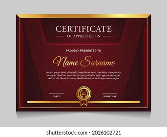 Modelos de diseño de borde de certificado de logro con elementos de insignias de oro de lujo y patrones de línea modernos. diseño de impresión gráfica vectorial que se puede utilizar Para premios, valoraciones, educación