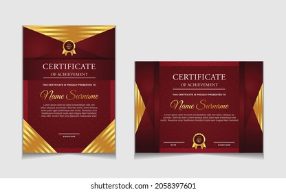 Modelos de diseño de borde de certificado de logro con elementos de insignias de oro de lujo y patrones de línea modernos. diseño de impresión gráfica vectorial que se puede utilizar Para premios, valoraciones, educación