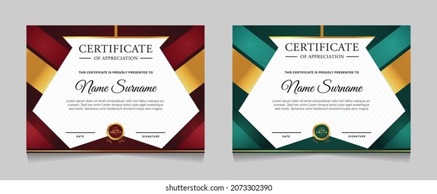 Modelos de diseño de borde de certificado de logro con elementos de insignias de oro de lujo y patrones de línea modernos. diseño de impresión gráfica vectorial que se puede utilizar Para premios, valoraciones, educación