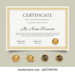 Certificate of achievement border template with gold line art and badges