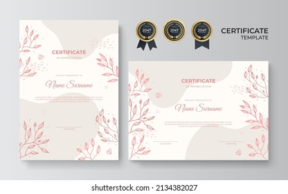 Certificate of achievement border template with luxury badge and modern floral texture, boho style. For award, business, and education needs