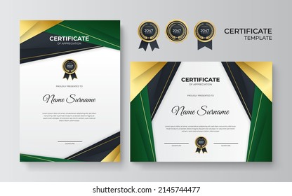 Certificate of achievement border template with luxury gold badge and modern line pattern. For award, corporate, business, and education needs
