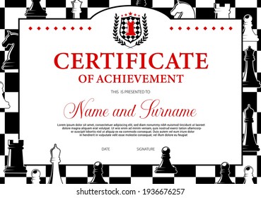 Certificate Of Achievement In Chess Tournament Participation, Award Diploma Vector Template. Child Or Adult Chessplayer Championship Monochrome Border With Figures And Checkered Pattern, Sport Game