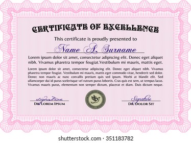 Certificate of achievement. With complex linear background. Elegant design. Border, frame.